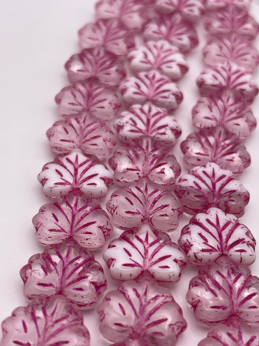 12mm Pink Leaf Czech Bead Strand.