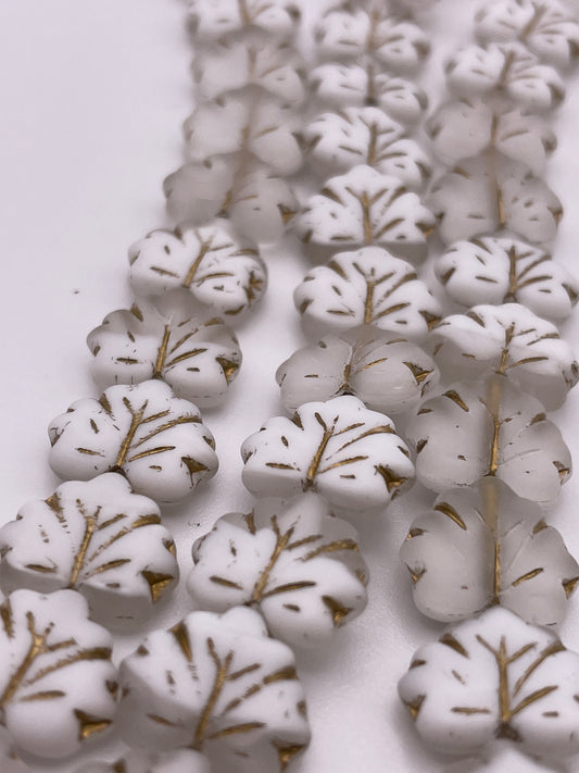 12mm White Leaf Czech Bead Strand.