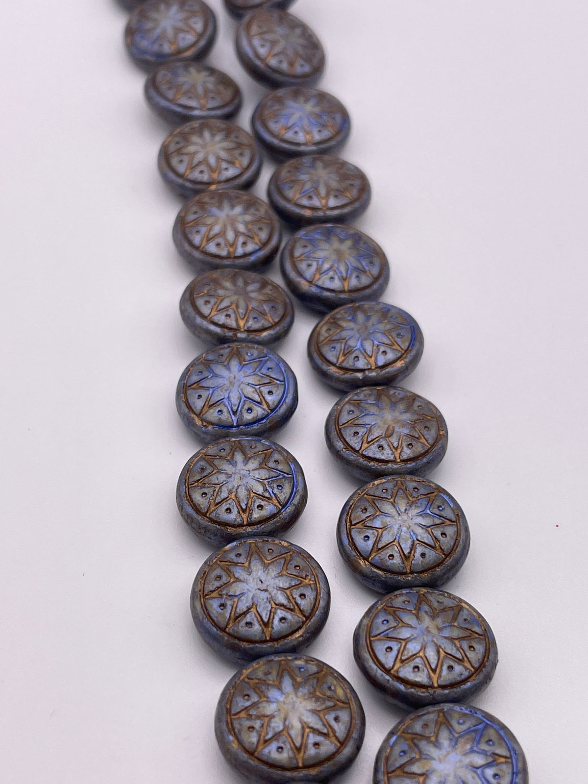 13mm Blue and Gold Star Czech Bead Strand.