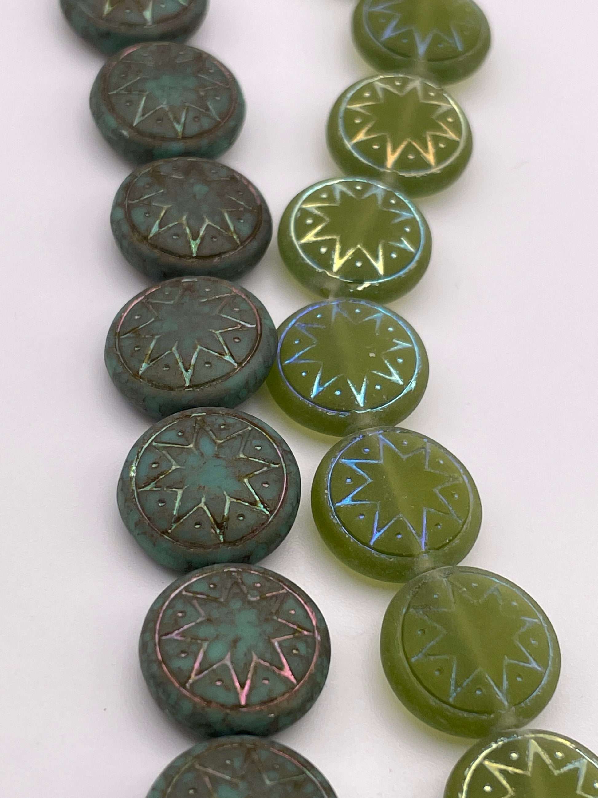 13mm Green Star Czech Bead Strand.