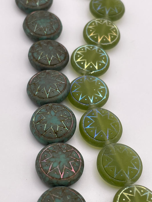 13mm Green Star Czech Bead Strand.