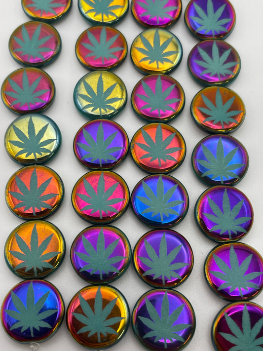 13mm Marijuana Leaf Czech Bead Strand.