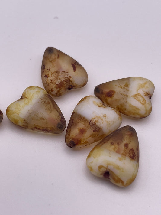 13mm Tan Banded Heart Czech Single Bead.