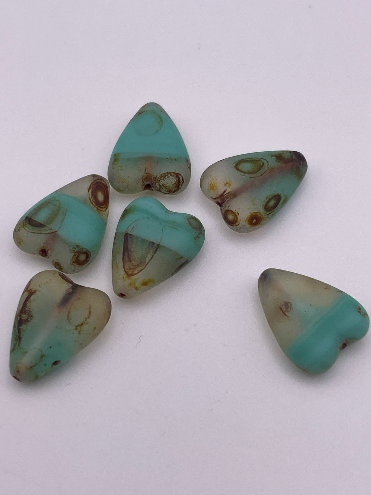 13mm Teal Banded Heart Czech Single Bead.