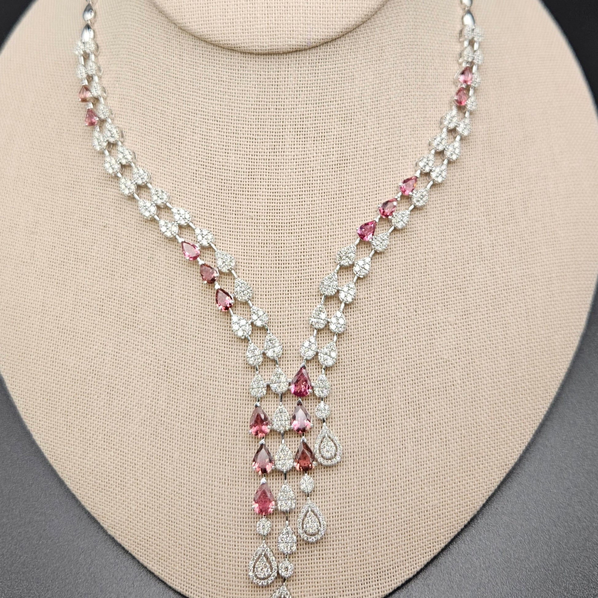 14k White Gold Pink Tourmaline and Diamond Necklace.