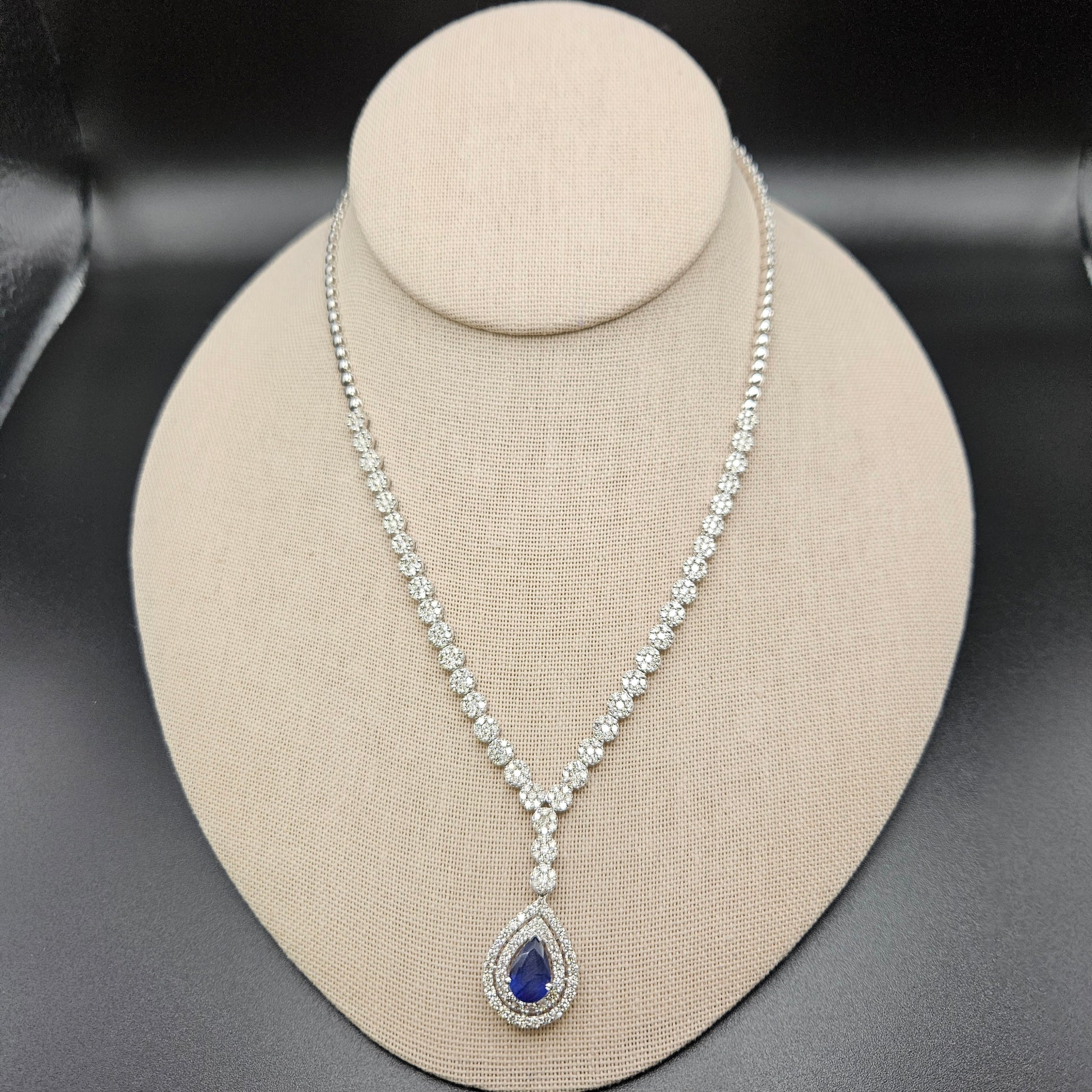 14k White Gold Blue Sapphire and Diamond Necklace.