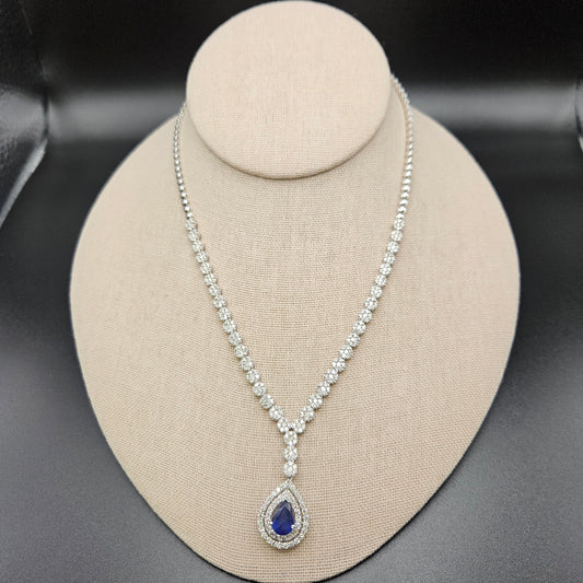 14k White Gold Blue Sapphire and Diamond Necklace.