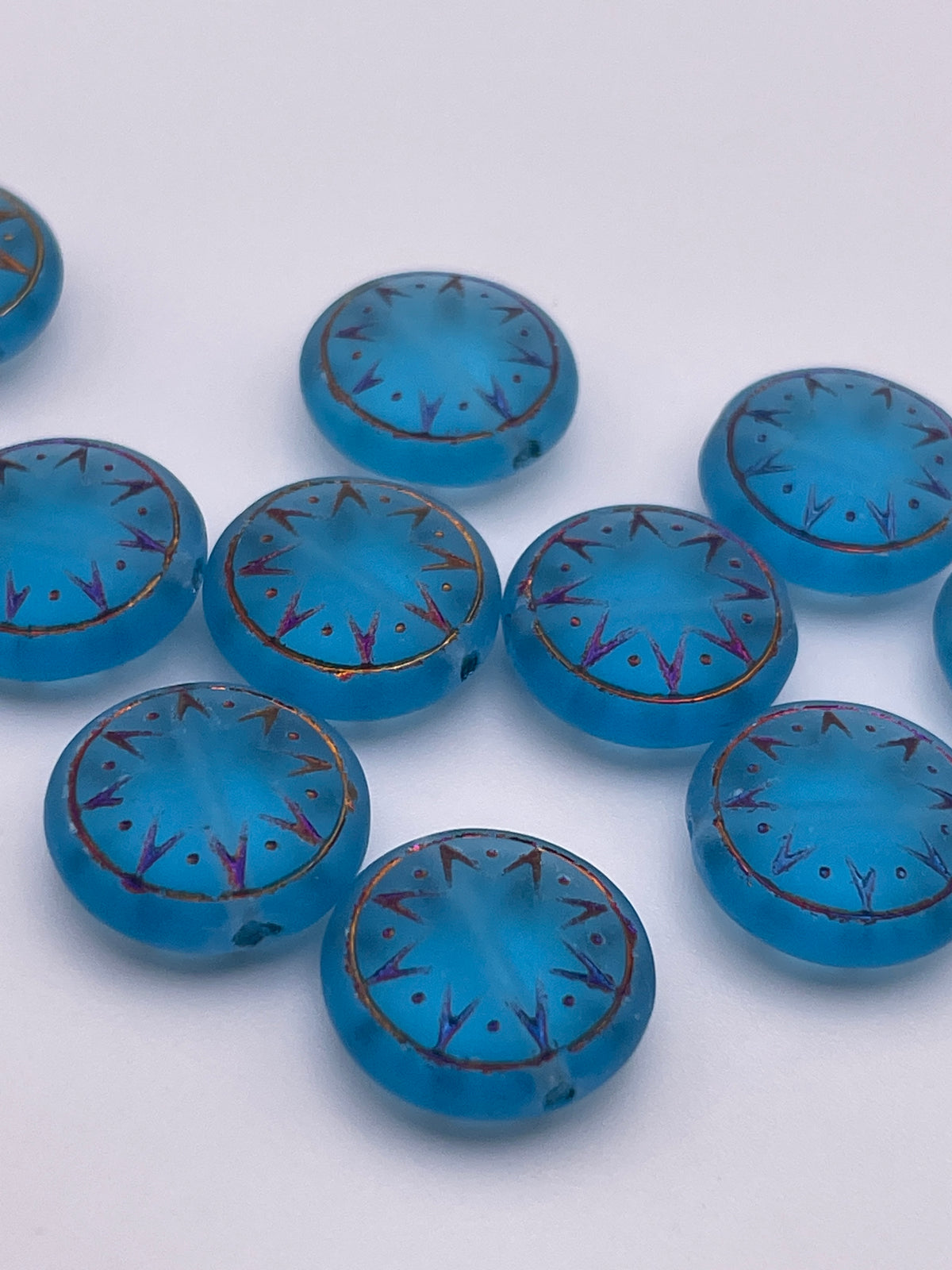 15mm Blue Star Pattern Semitransparent Czech Single Bead.