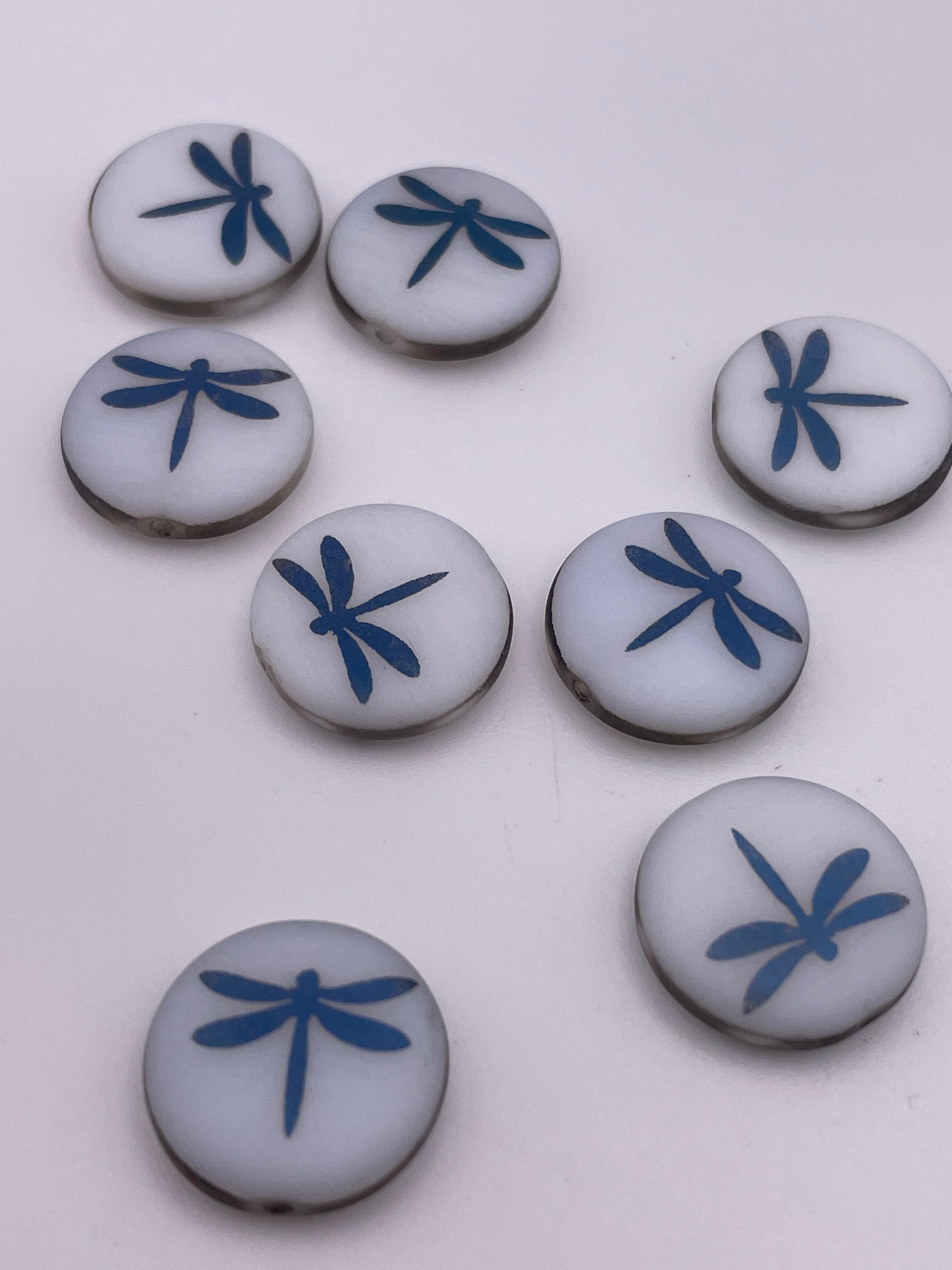 15mm Metallic Dragonfly On White Coin Czech Single Bead.