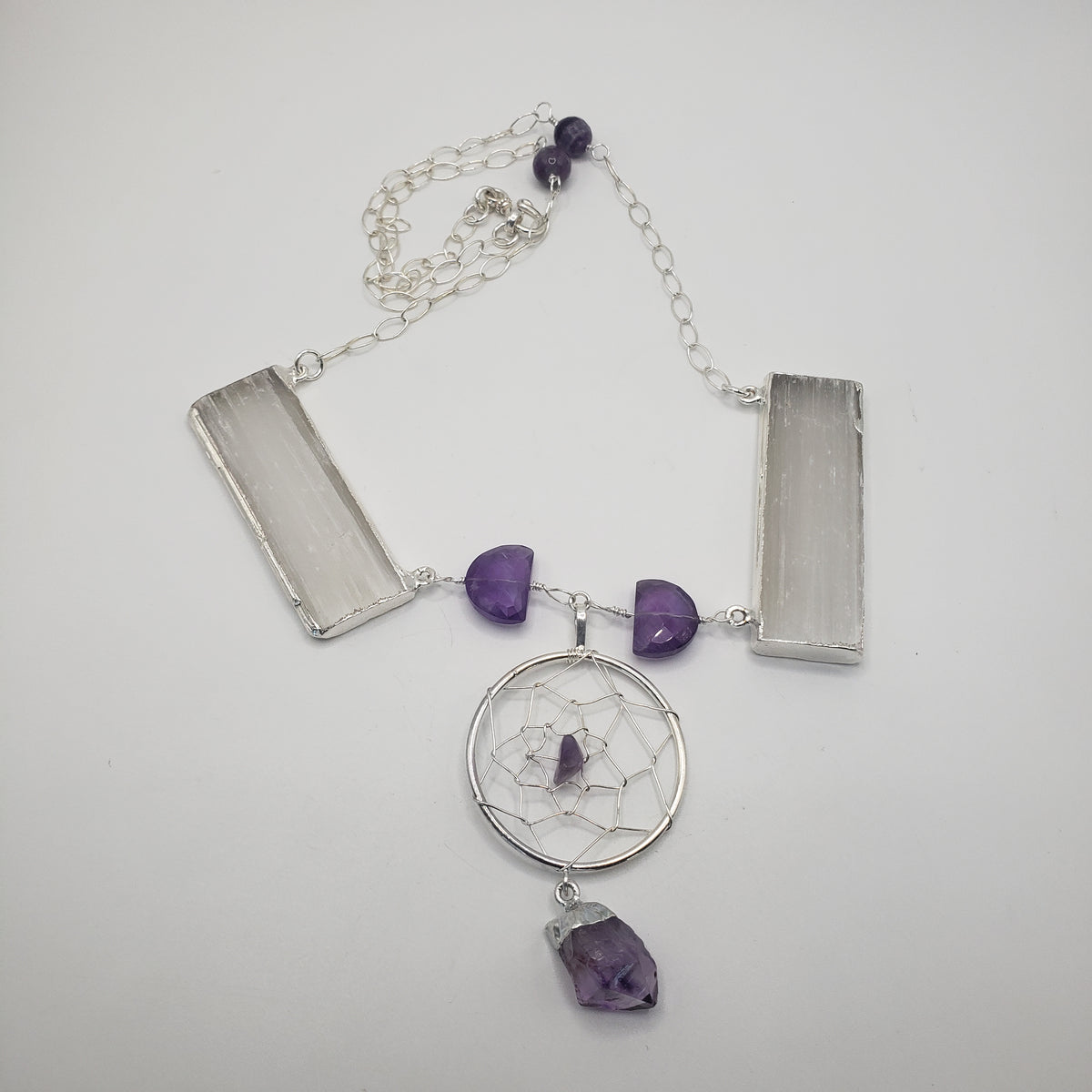 SS Selenite and Amethyst Dream Catcher Necklace