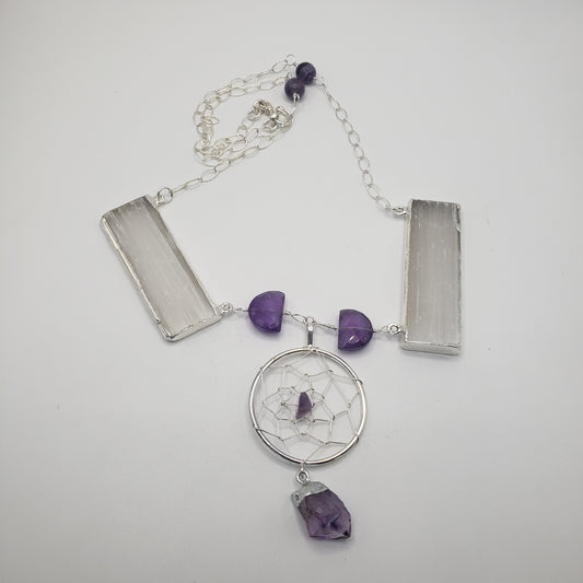 SS Selenite and Amethyst Dream Catcher Necklace