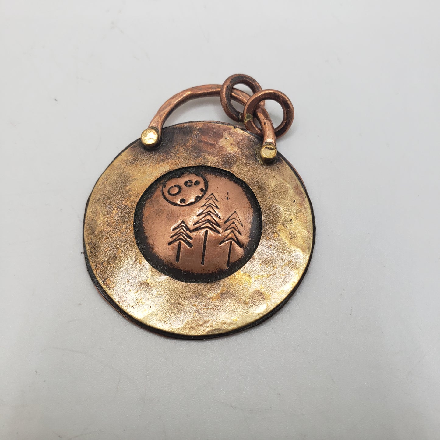 Handmade Copper Circle Pendant Forest Stamped