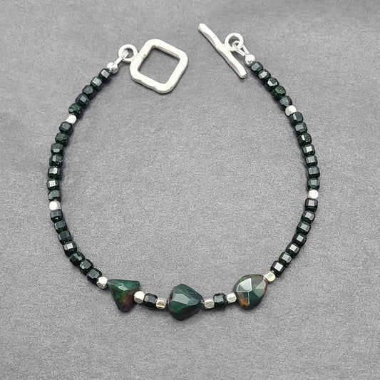 Black Opal, Green Goldstone and Sterling Silver Bracelet