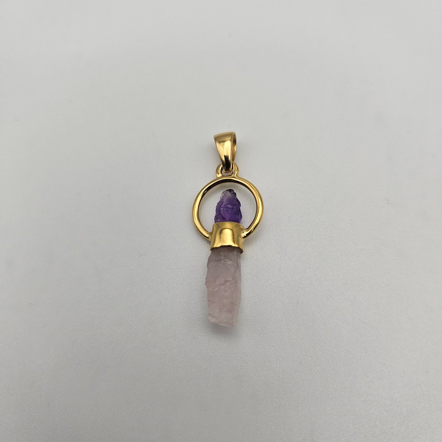 18k Gold Plated Round Rough Amethyst and Rose Quartz Pendant.