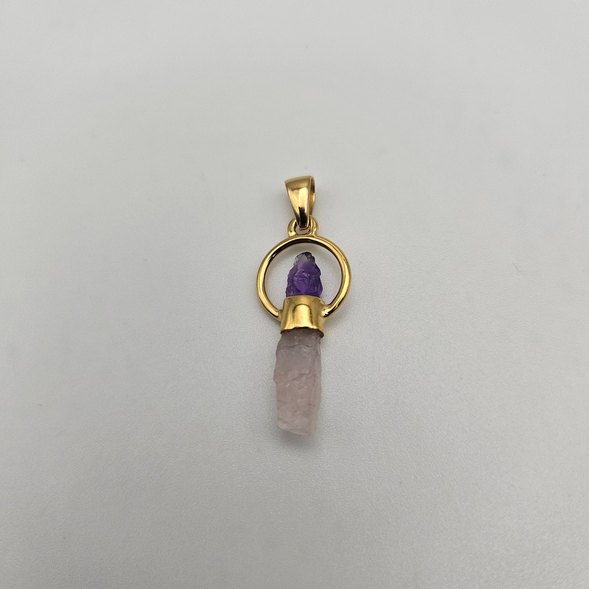 18k Gold Plated Round Rough Amethyst and Rose Quartz Pendant.