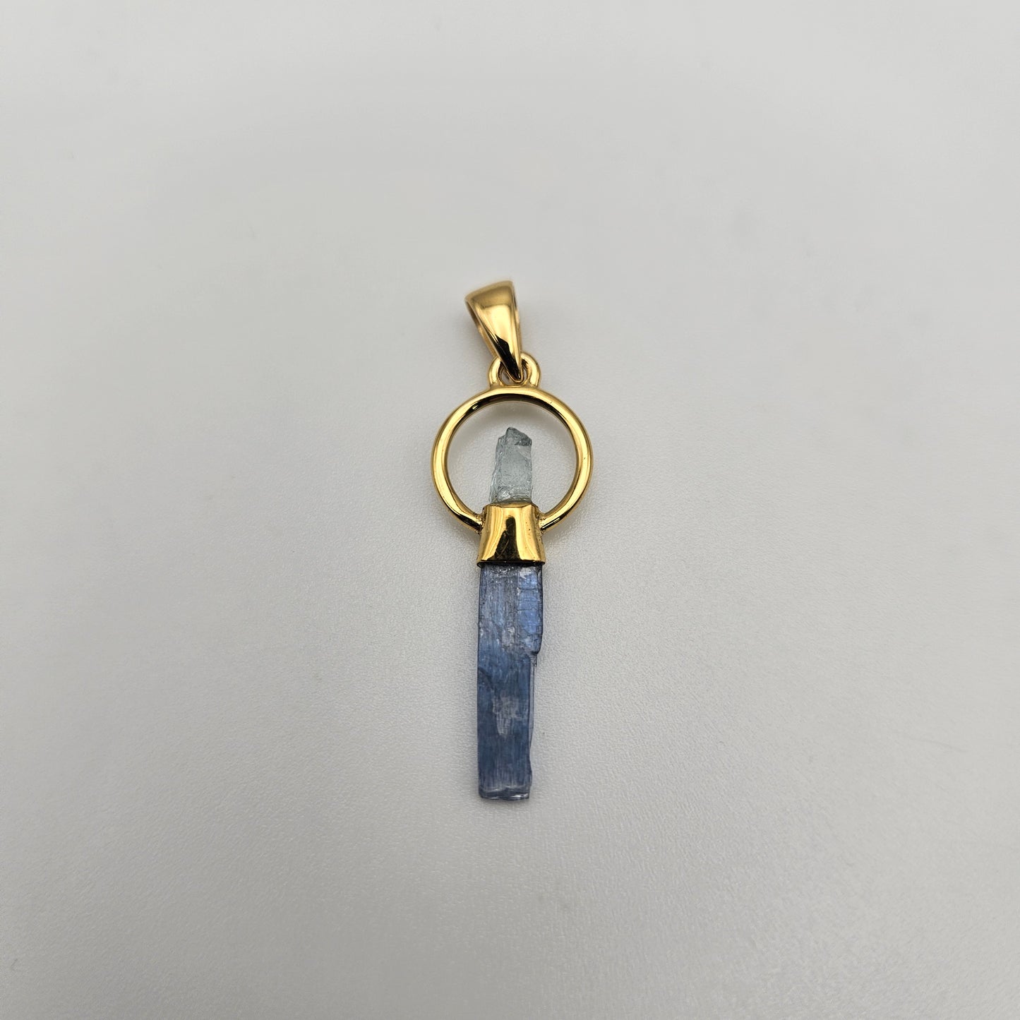 18k Gold Plated Round Rough Aquamarine Blue Kyanite Pendant.