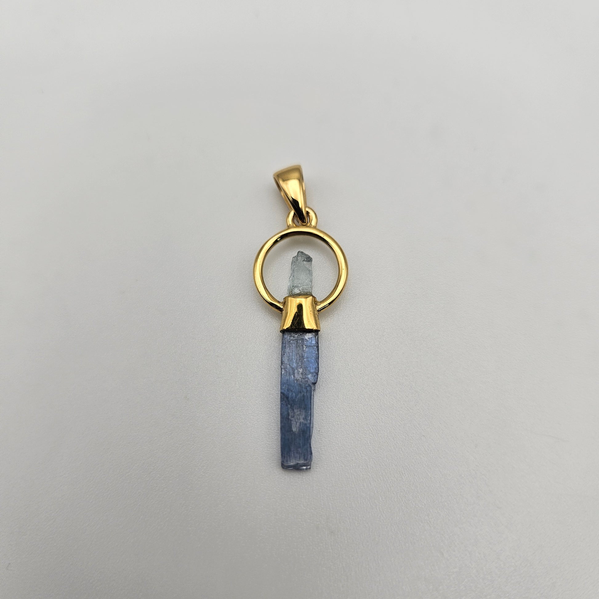 18k Gold Plated Round Rough Aquamarine Blue Kyanite Pendant.