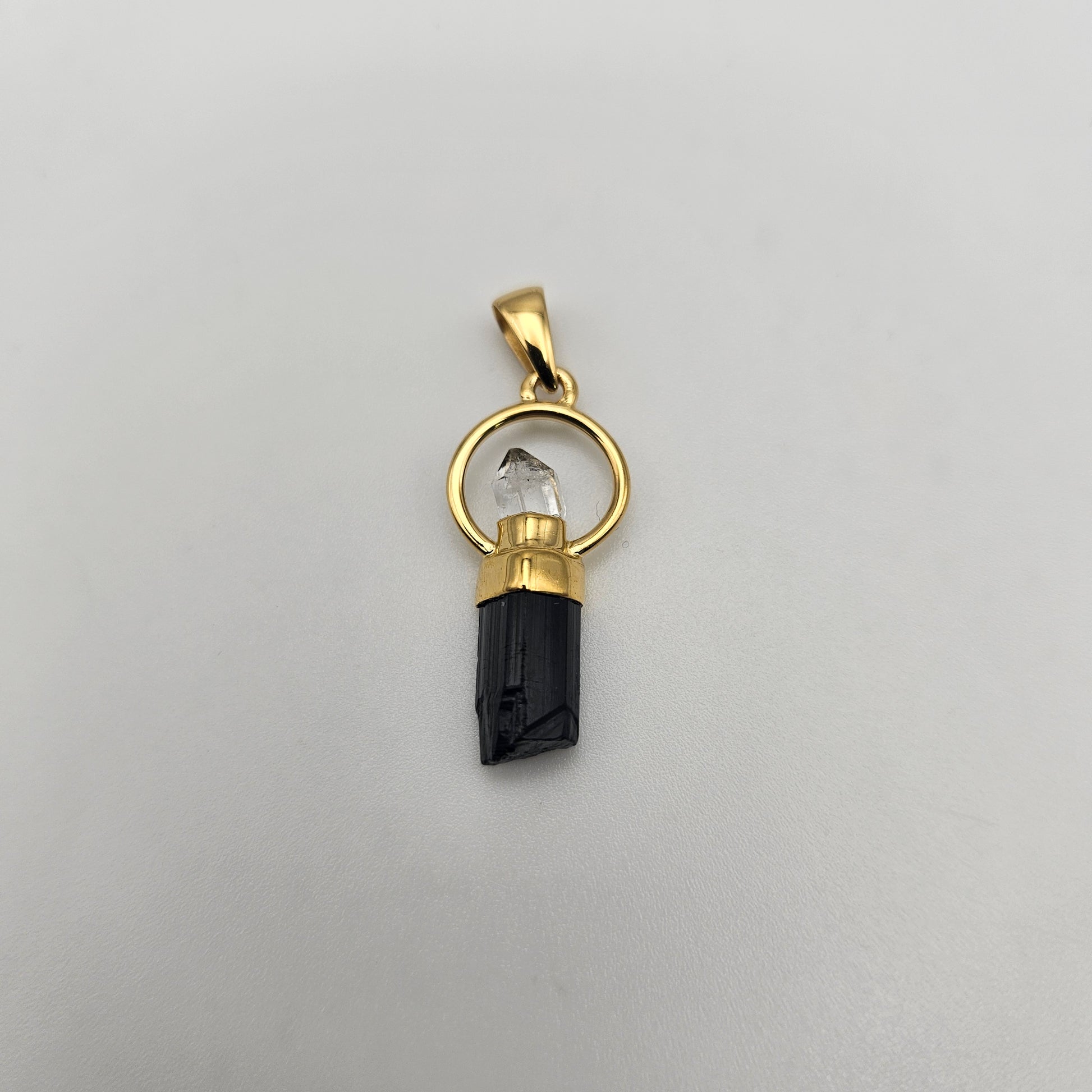 18k Gold Plated Round Rough Black Tourmaline Pakimer Diamond Pendant.
