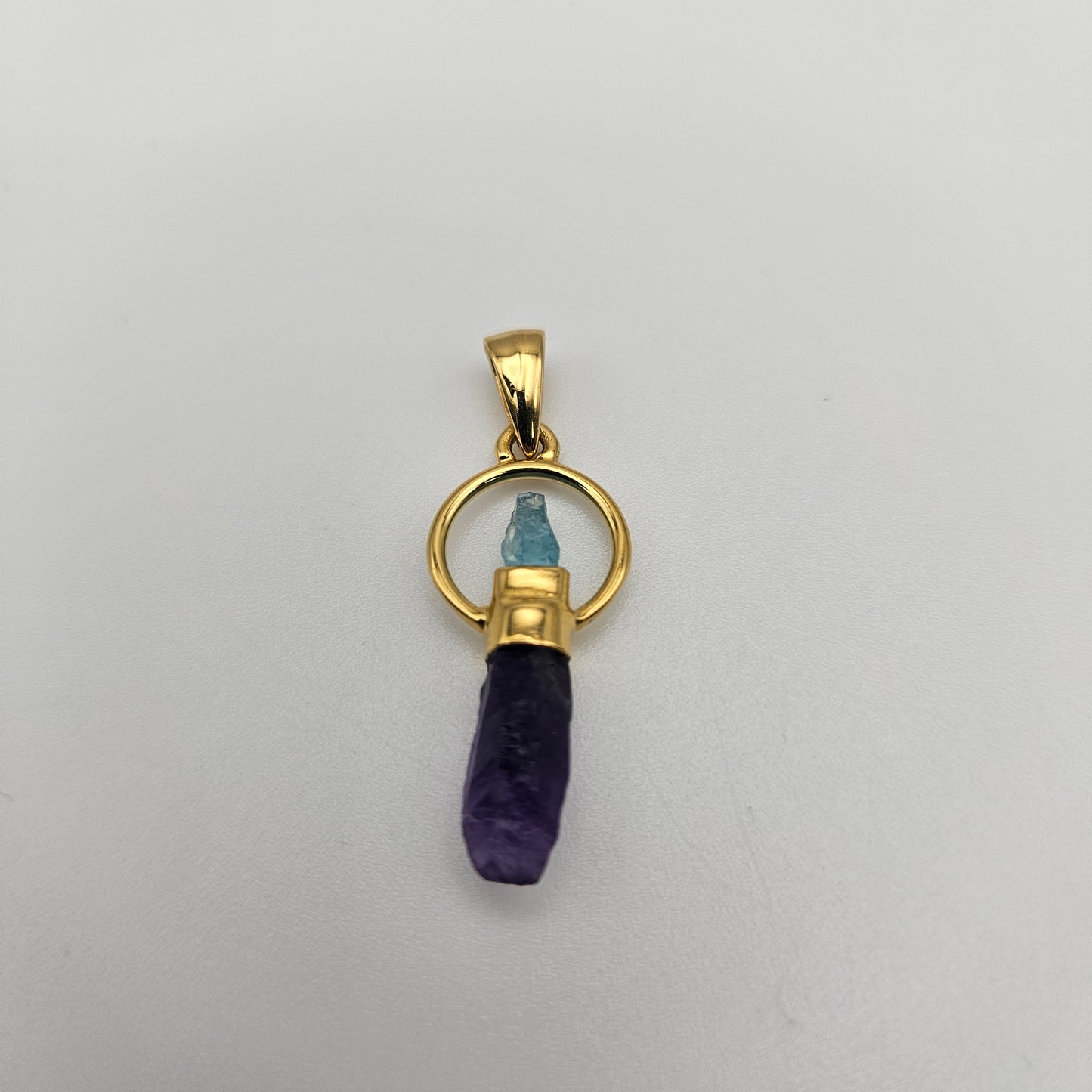 18k Gold Plated Round Rough Blue Apatite and Amethyst Pendant.