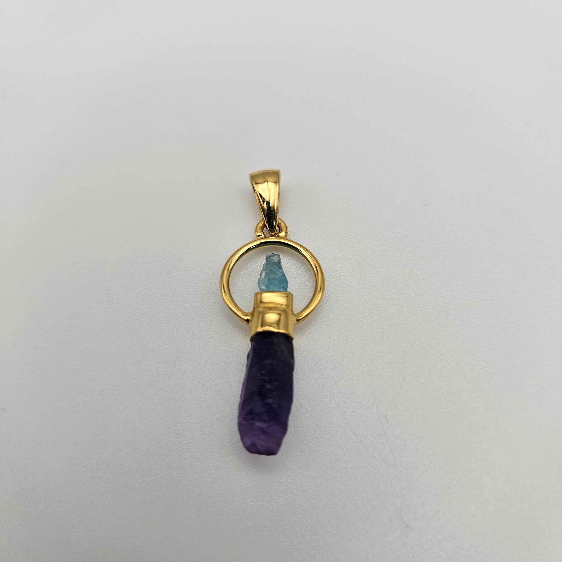 18k Gold Plated Round Rough Blue Apatite and Amethyst Pendant.