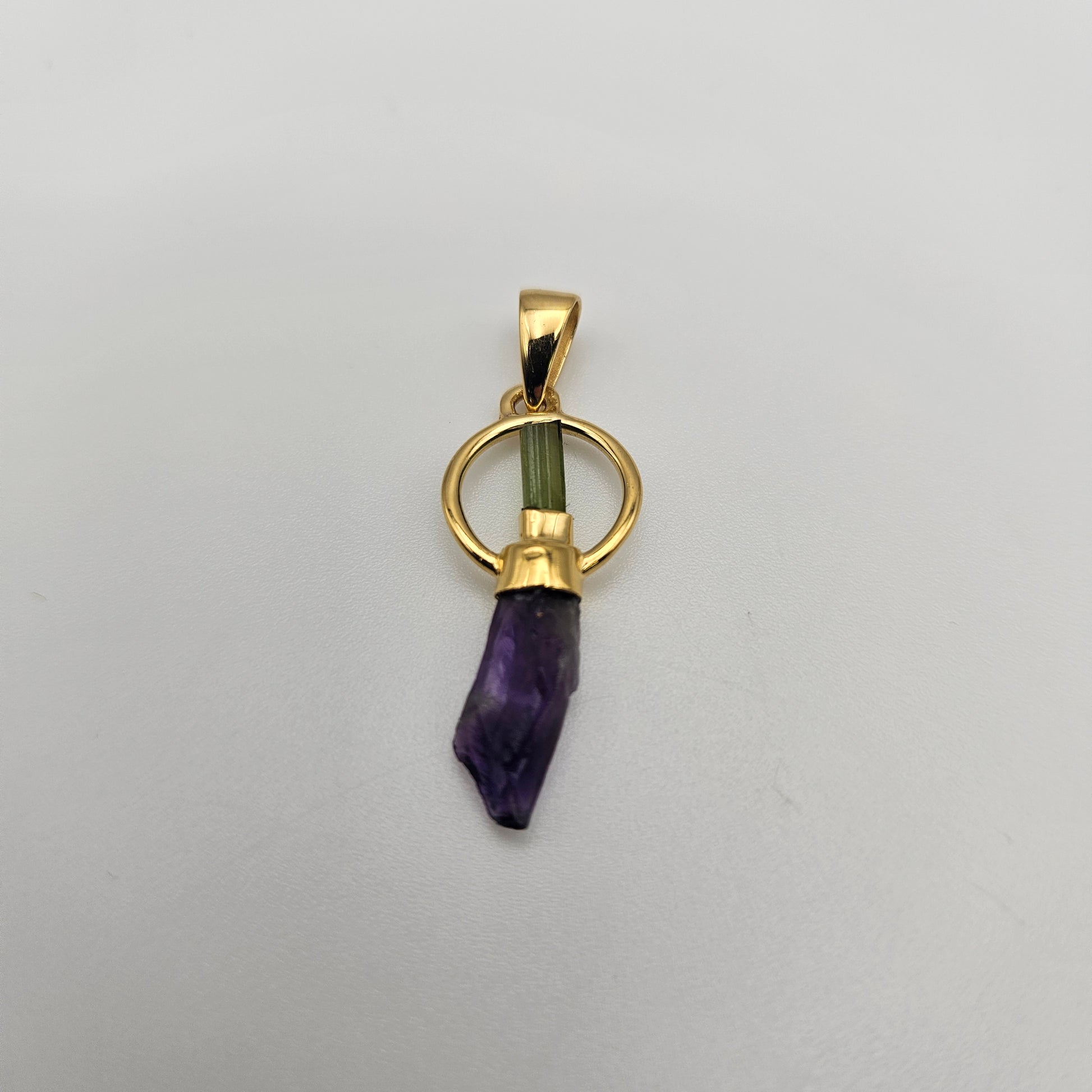 18k Gold Plated Round Rough Green Tourmaline Amethyst Pendant.