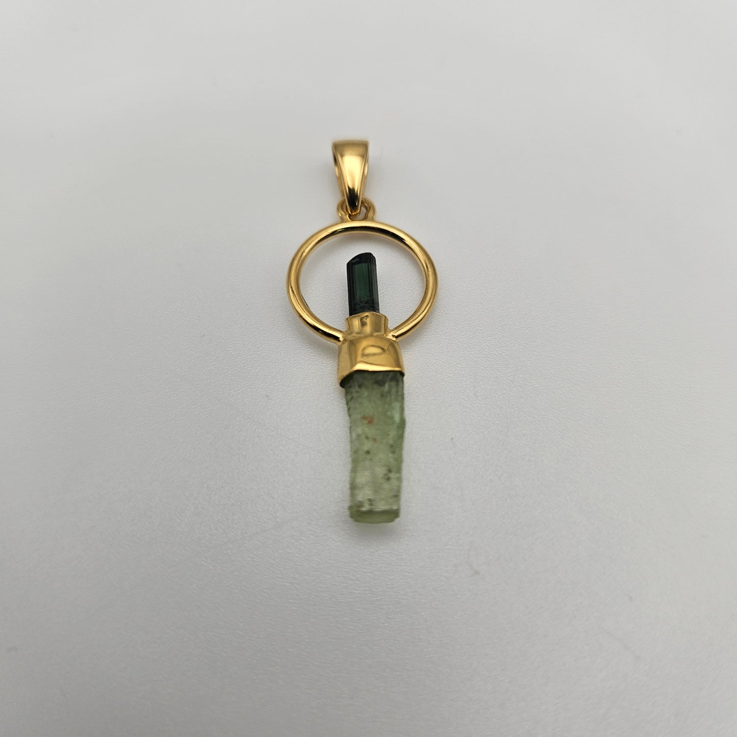 18k Gold Plated Round Rough Green Tourmaline and Green Kyanite Pendant.