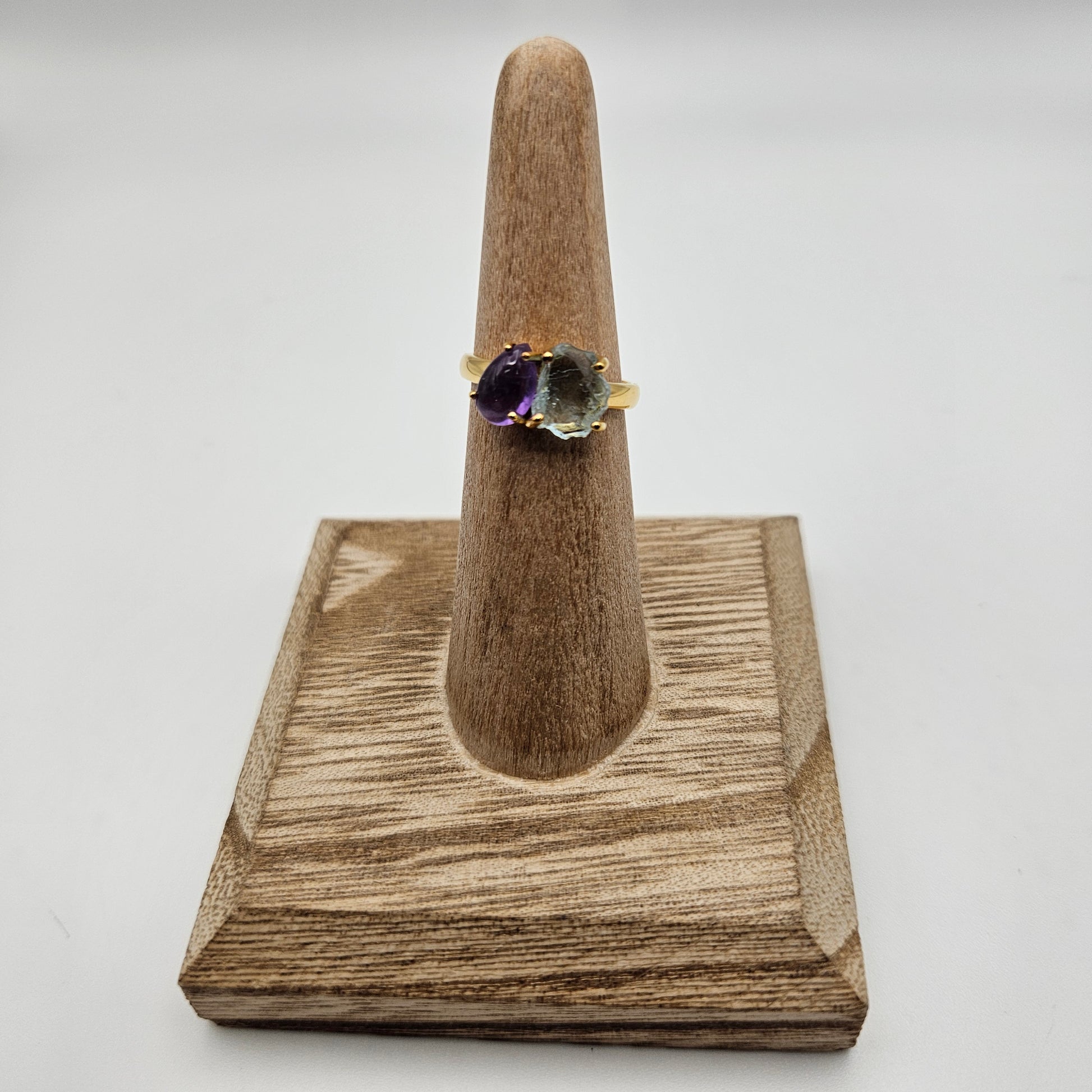 18k Gold Plated Sterling Silver 2 Stone Aquamarine and Amethyst Rough Gemstone Ring Size 6.