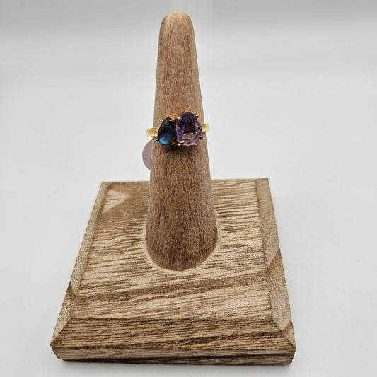 18k Gold Plated Sterling Silver 2 Stone Amethyst and Labradorite Rough Gemstone Ring Size 6.