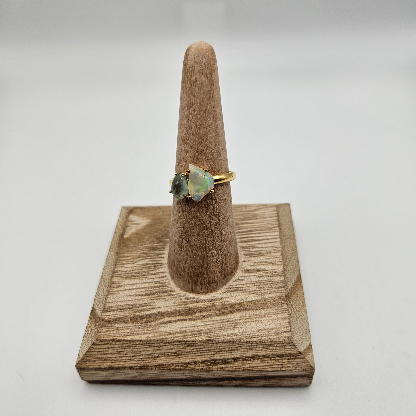 18k Gold Plated Sterling Silver 2 Stone Ethiopian Opal and Green Kyanite Rough Gemstone Ring Size 8.