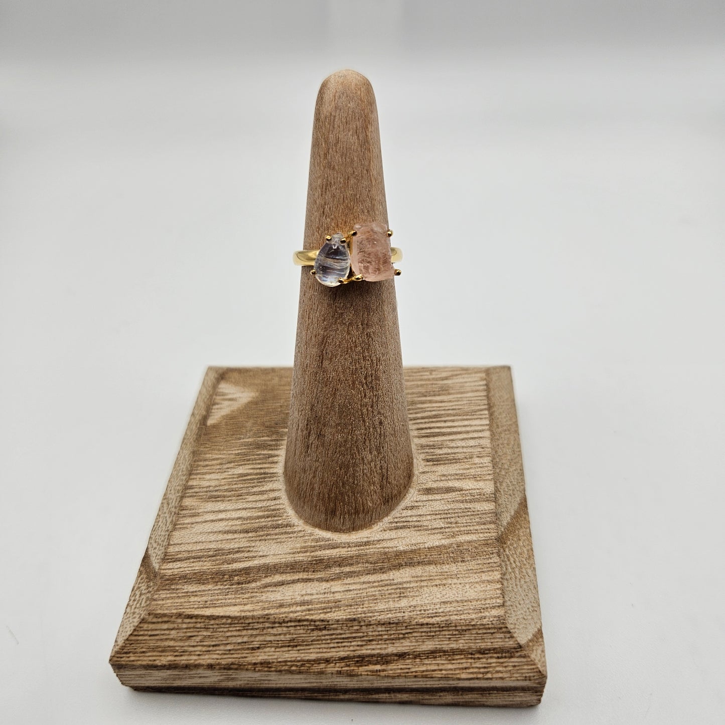 18k Gold Plated Sterling Silver 2 Stone Morganite and Rainbow Moonstone Rough Gemstone Ring Size 5.