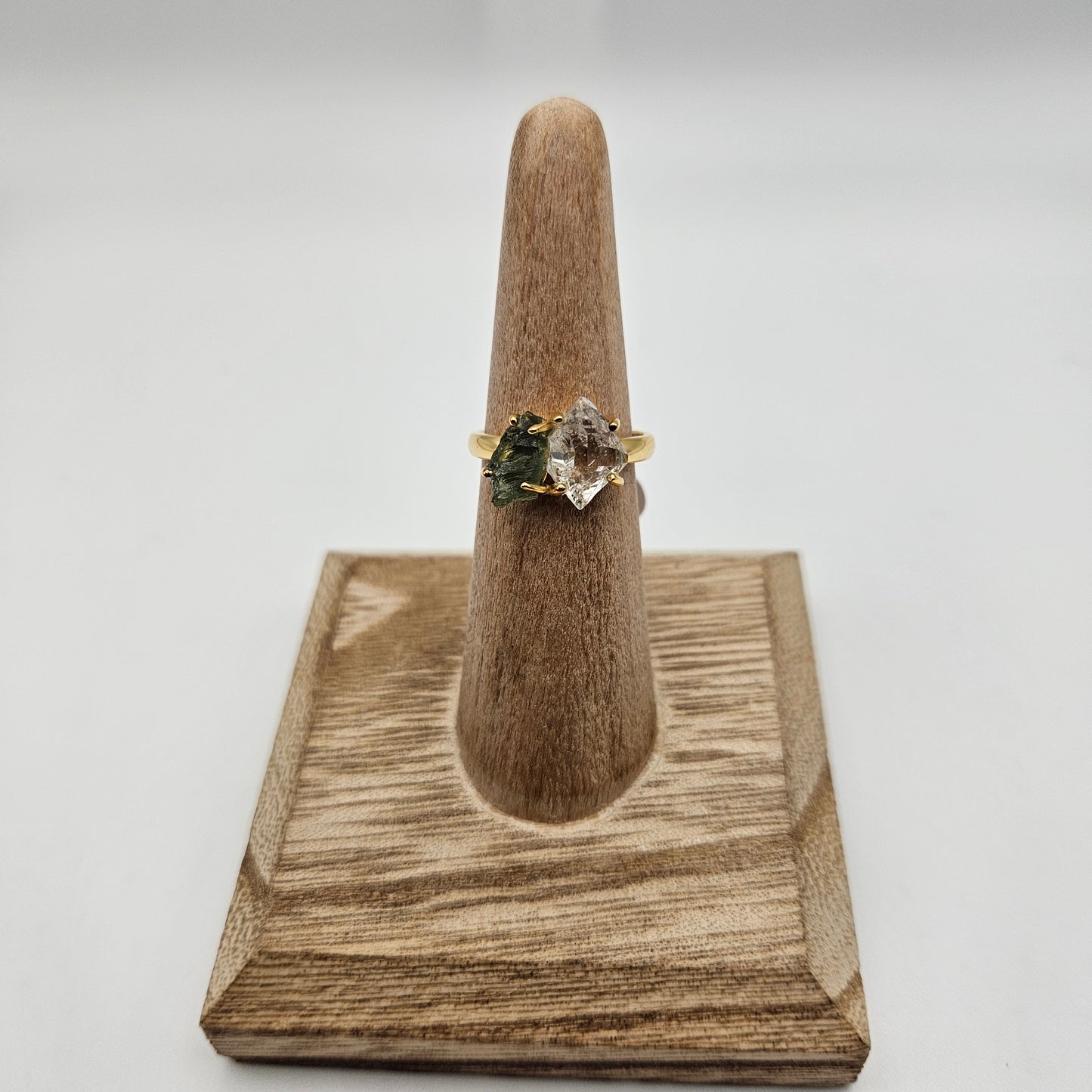 18k Gold Plated Sterling Silver 2 Stone Pakimer Diamond and Moldavite Rough Gemstone Ring Size 7.