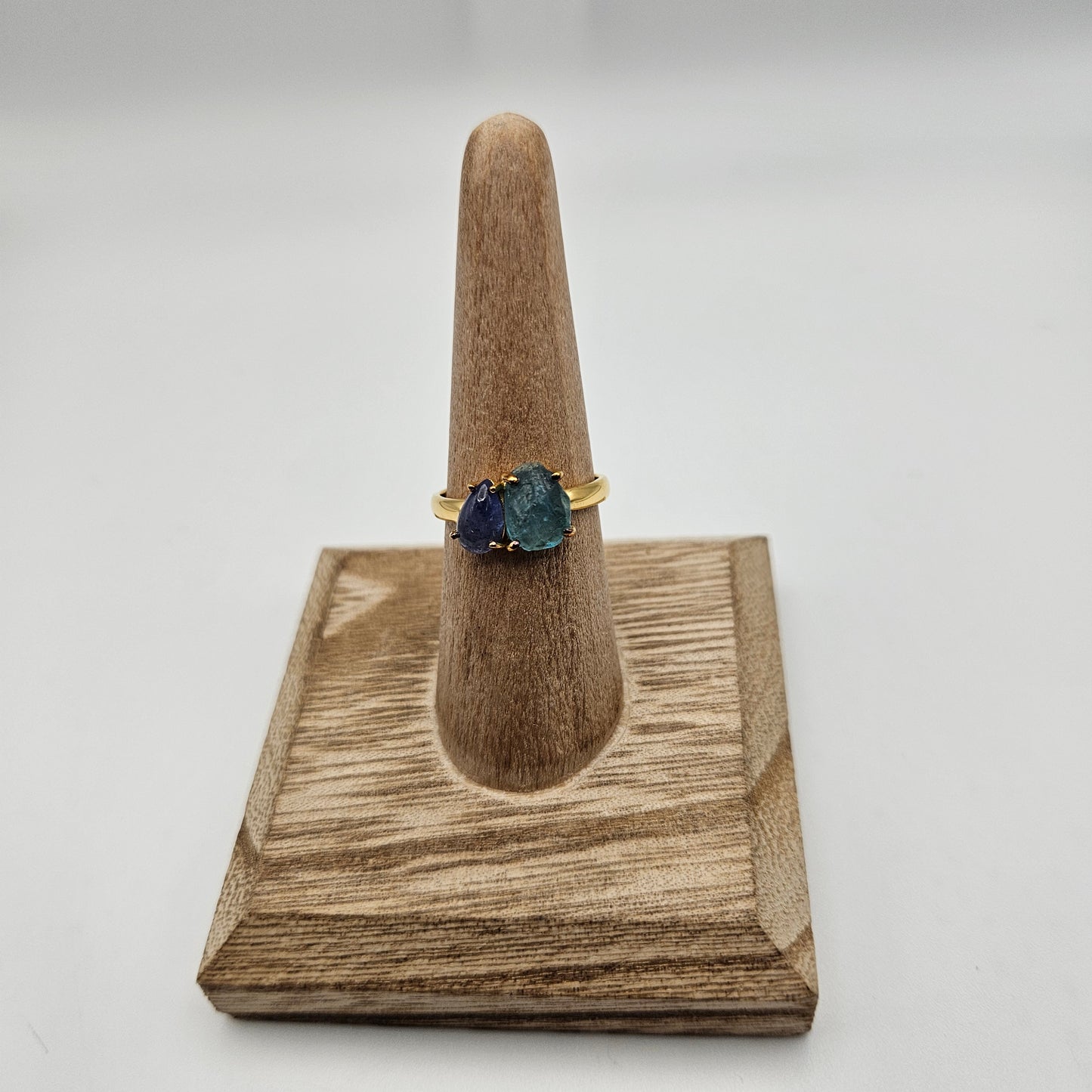 18k Gold Plated Sterling Silver 2 Stone Blue Apatite and Tanzanite Rough Gemstone Ring Size 8.