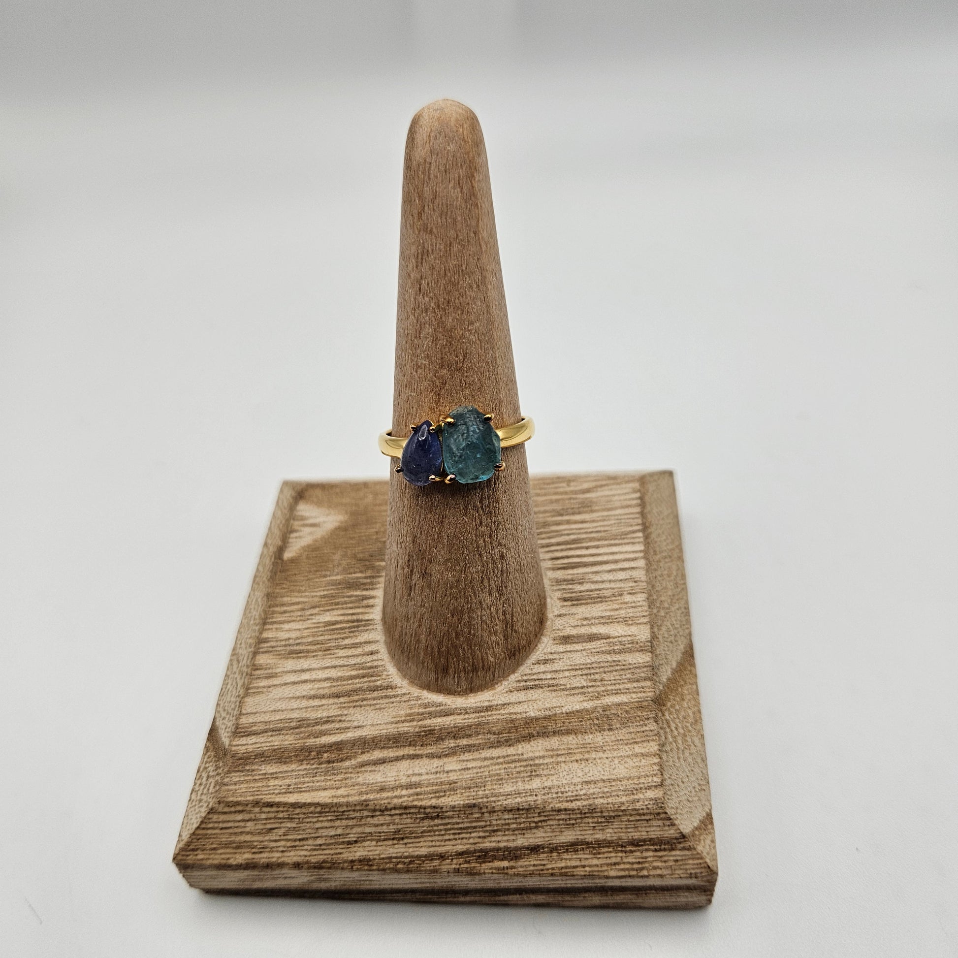 18k Gold Plated Sterling Silver 2 Stone Blue Apatite and Tanzanite Rough Gemstone Ring Size 8.