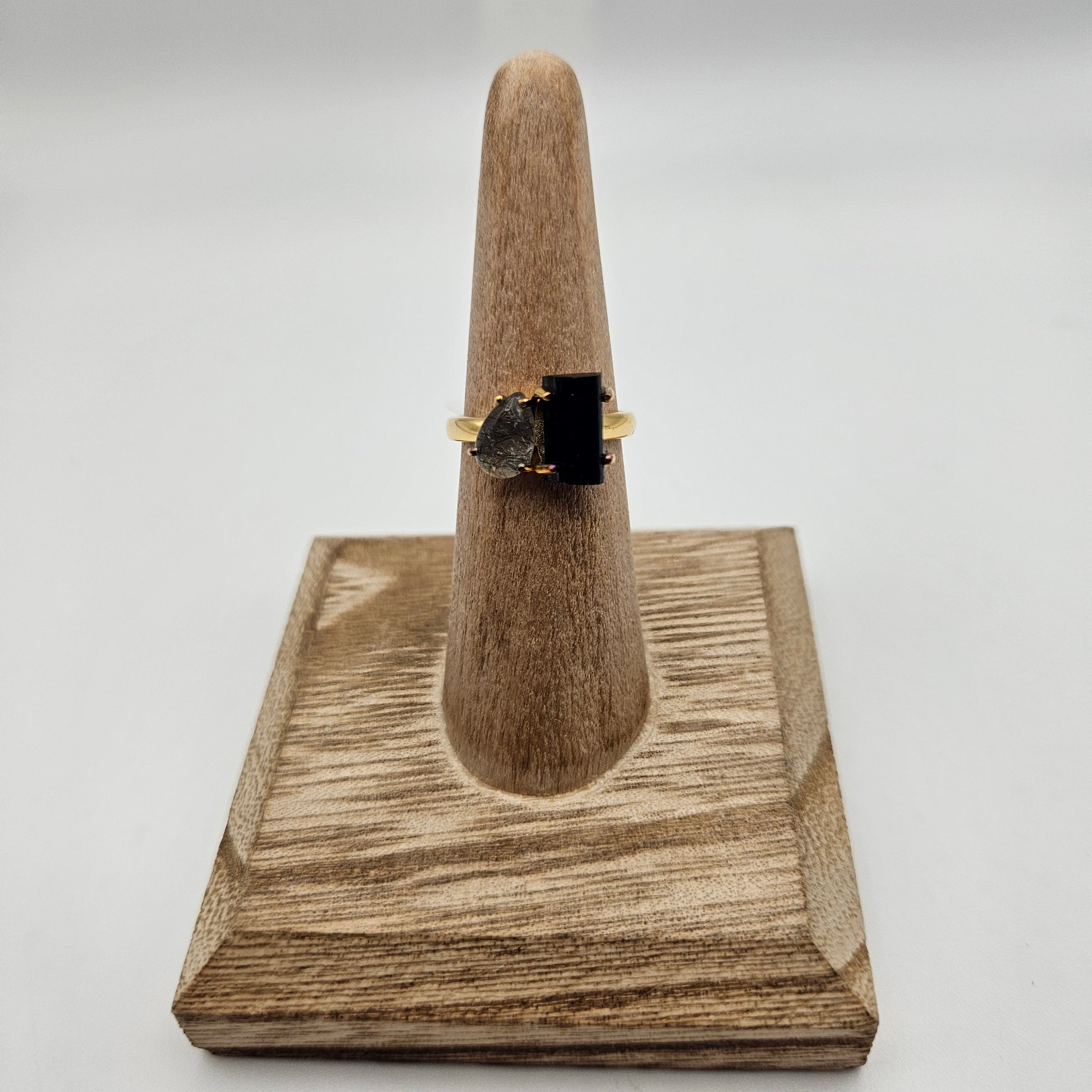 18k Gold Plated Sterling Silver 2 Stone Black Tourmaline and Tourmalated Quartz Rough Gemstone Ring Size 7.