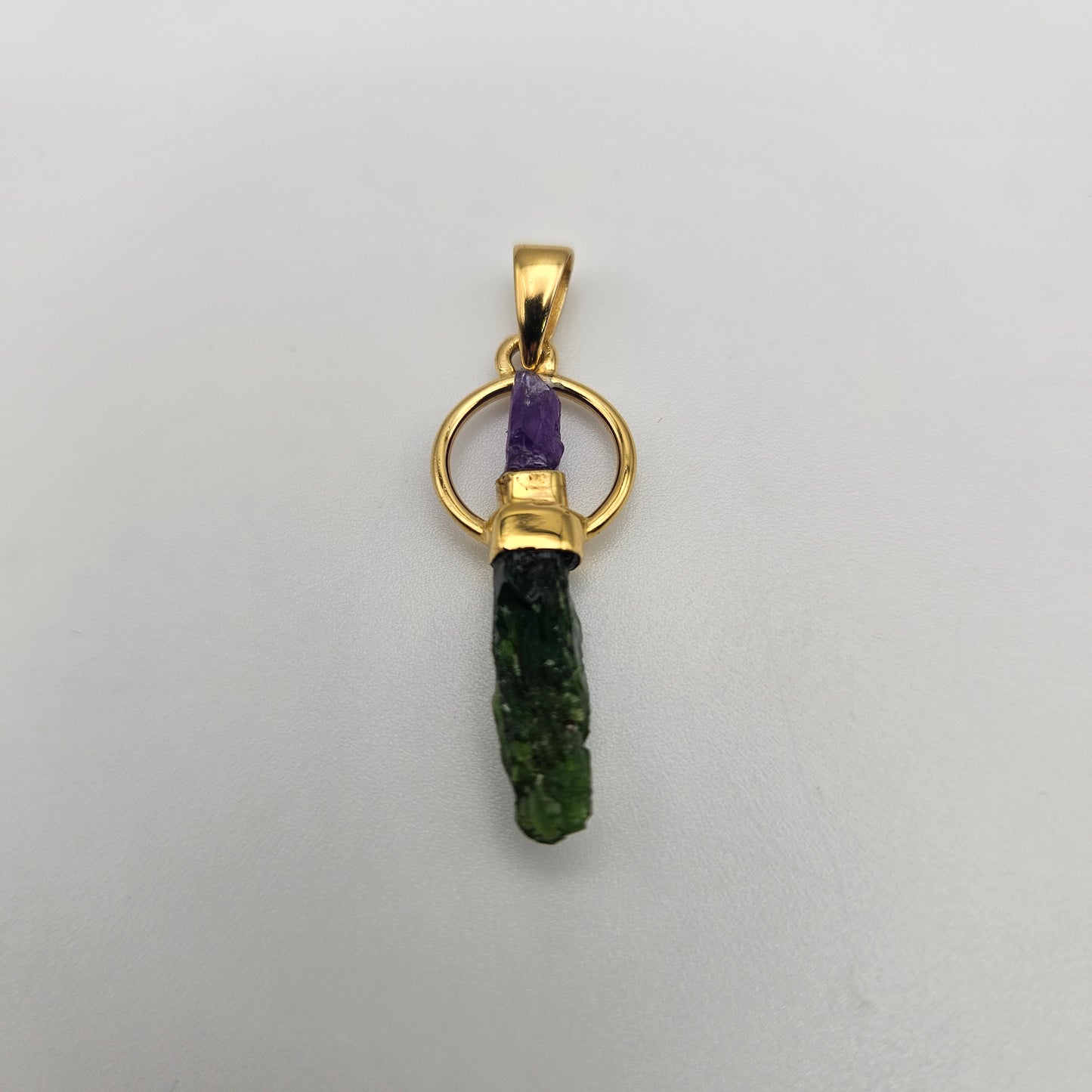 18k Gold Plated Round Rough Amethyst and Chrome Diopside Pendant.