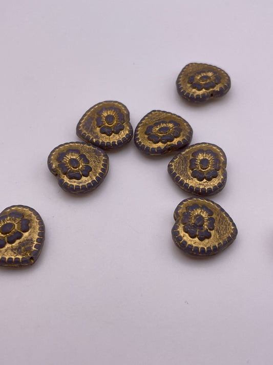 18mm Blue And Gold Heart With Flower Czech Single Bead.