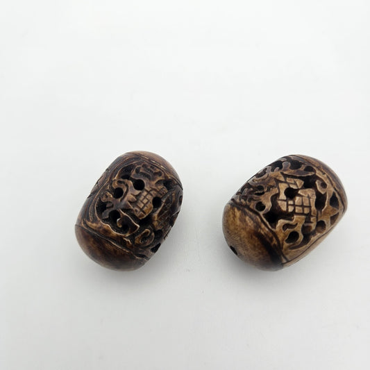 18mm Decorative Carved Bone Bead Oval Brown Single.