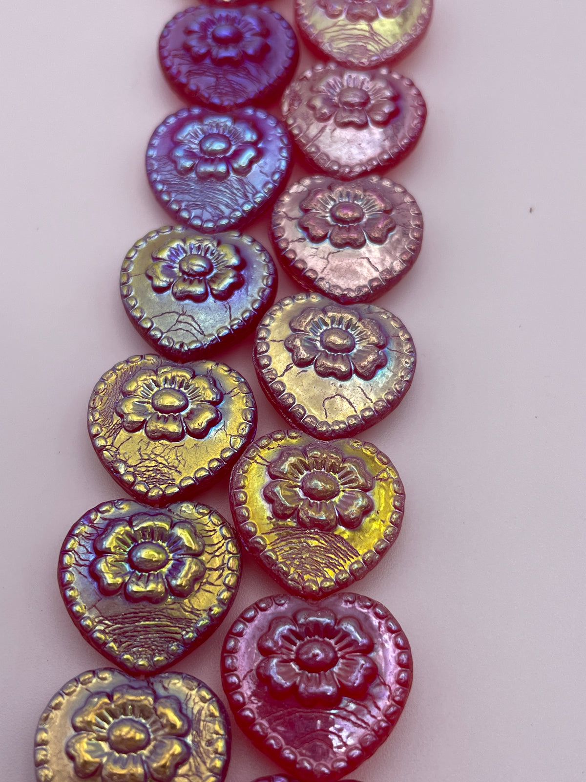 18mm Pink Heart With Flower Czech Bead Strand.