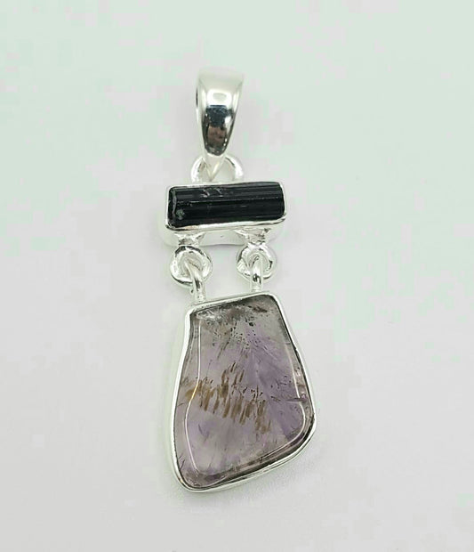 SS Black Tourmaline Cacoxenite Pendant