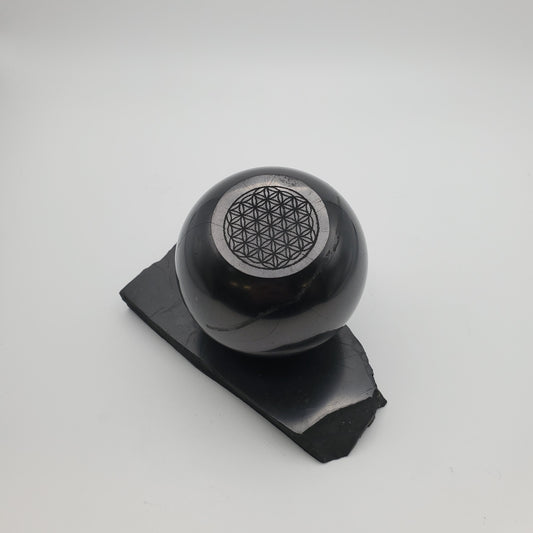 Shungite Sphere Flower of Life Engraved with Sphere Stand