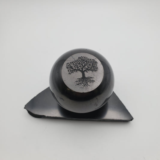 Shungite Sphere Tree of Life Engraved with Sphere Stand
