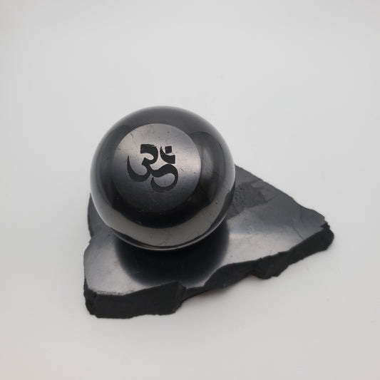 Shungite Sphere Om Engraved with Sphere Stand