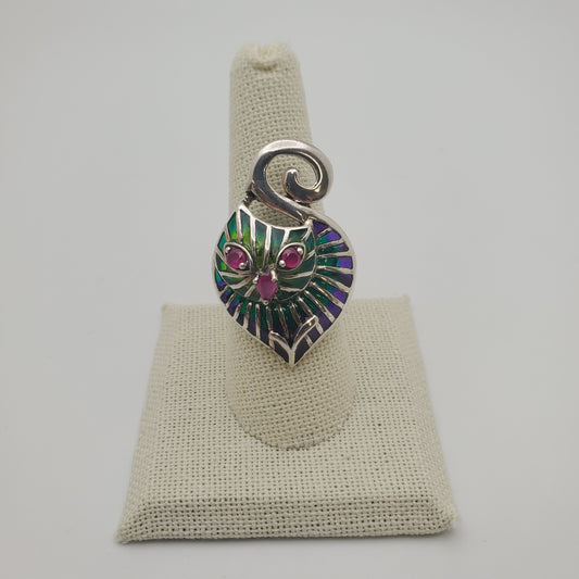 SS Enamel Ruby Cat Ring