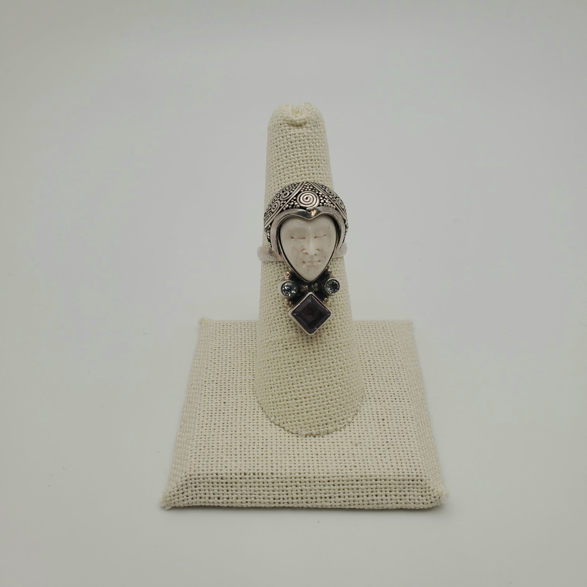 SS Carved Bone Amethyst Ring