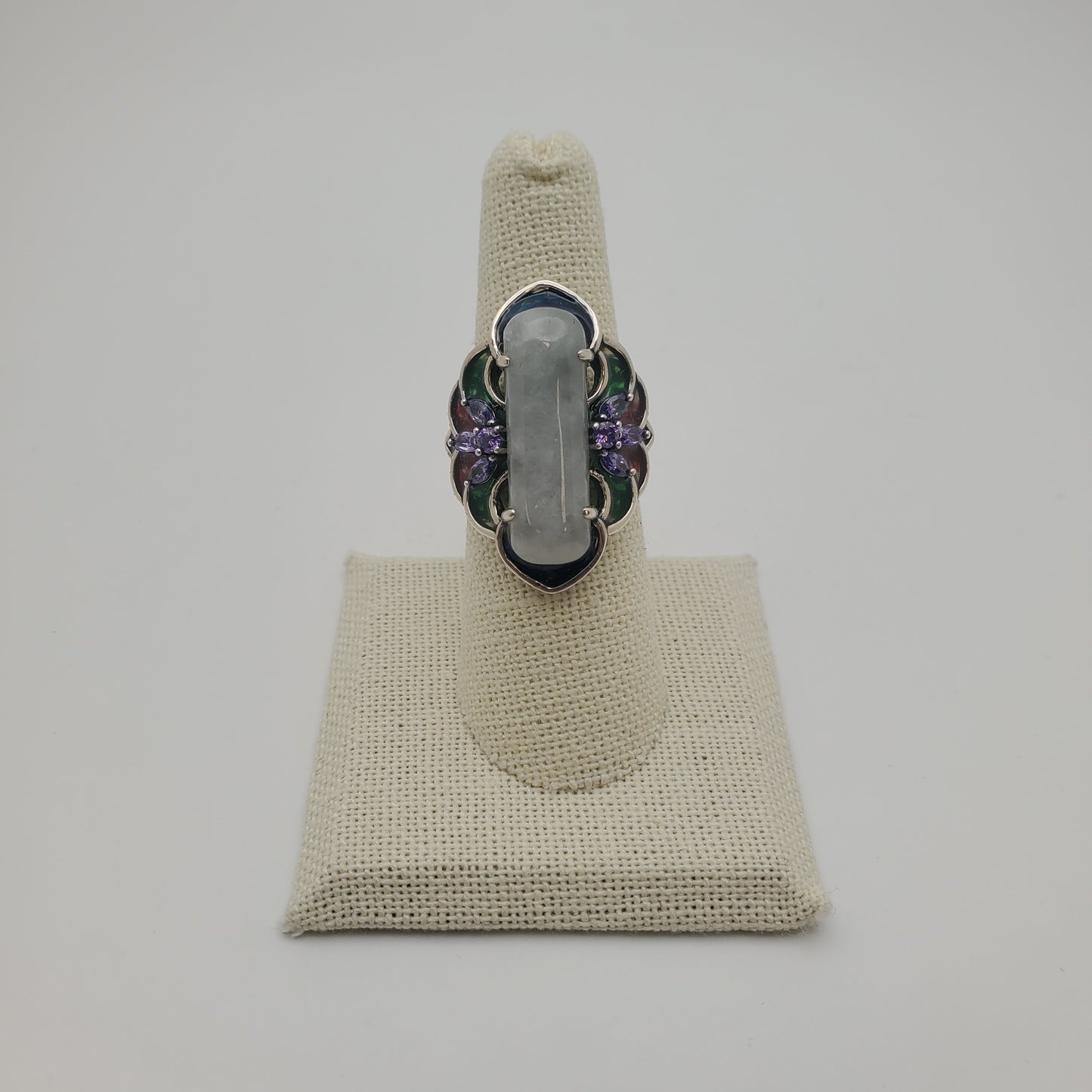 SS Enamel Jadite Amethyst Ring