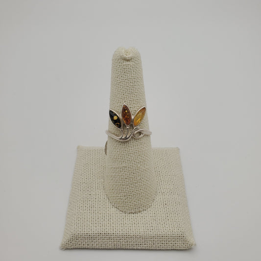 SS Multi-Colored Amber Leaf Ring