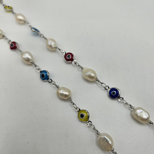 Silver Plated Evil Eye and Pearl Chain By the Foot