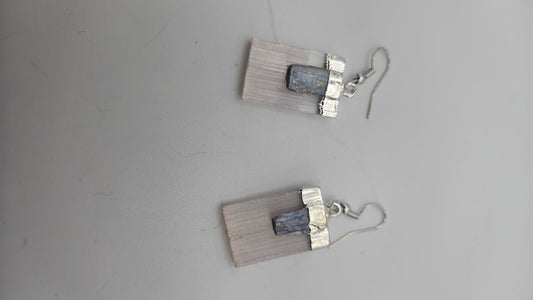 Silver Selenite And Kyanite Earrings