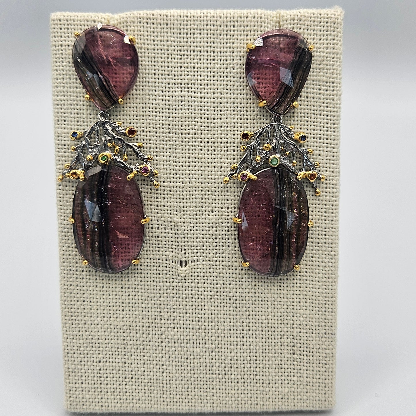 Sterling Silver Vermeil Sliced Tourmaline with Sapphire Earrings