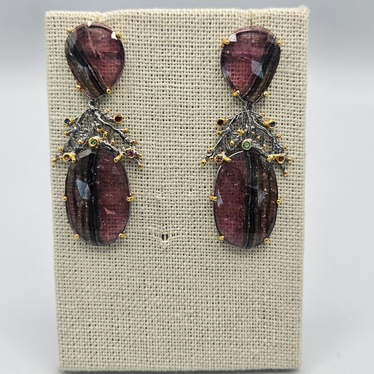 Sterling Silver Vermeil Sliced Tourmaline with Sapphire Earrings